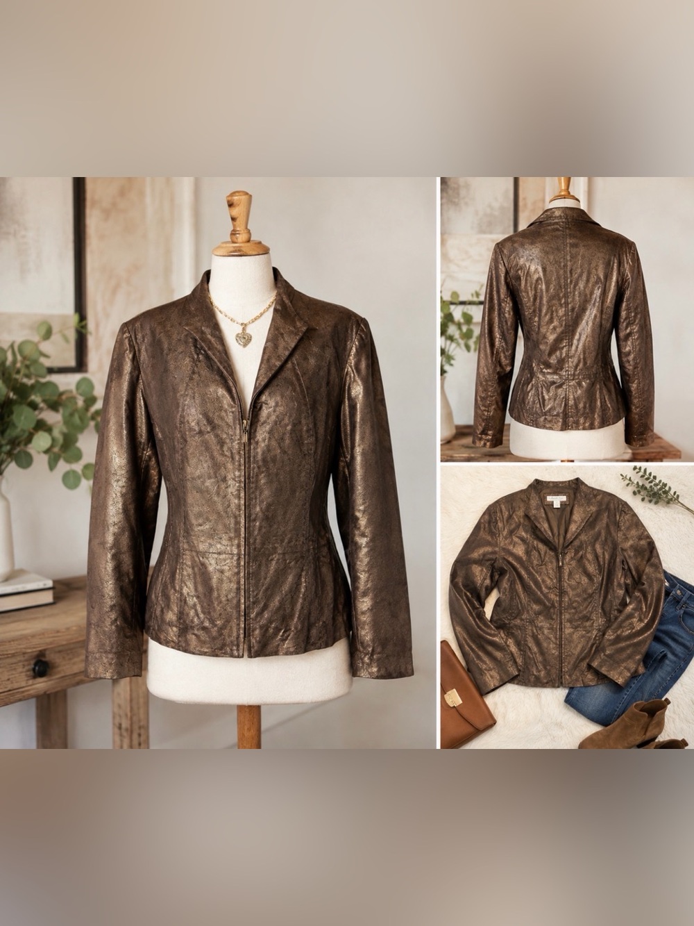Coldwater Creek Metallic Bronze genuine Leather Jacket size large